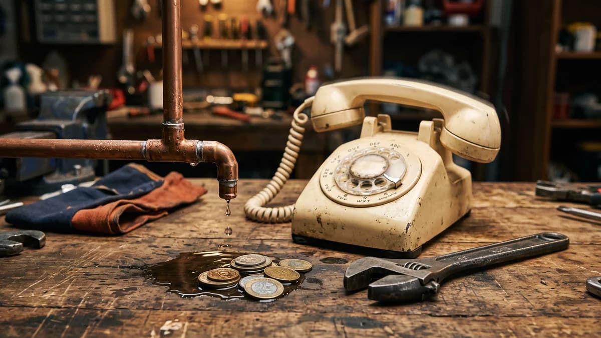 Telefone antigo tocando sobre a bancada de um encanador, ao lado de um cano de cobre pingando em cima de moedas, representando o dinheiro do anúncio no Google que escapa quando ninguém atende