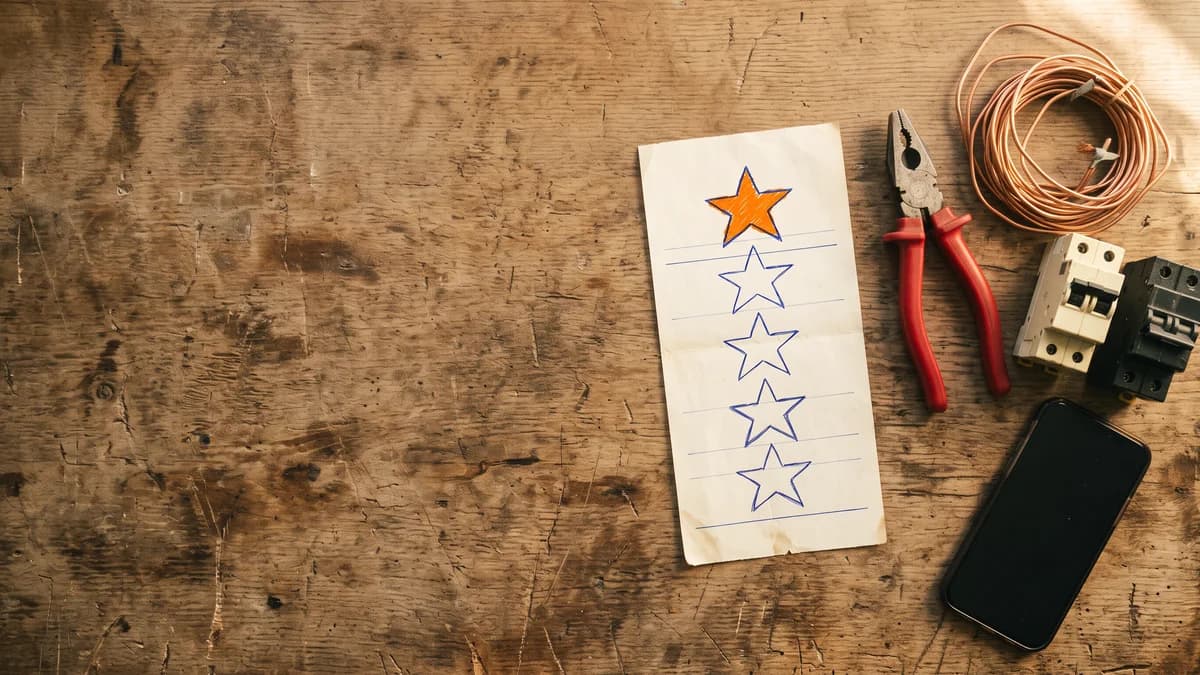 Papel sobre bancada de madeira com cinco estrelas desenhadas a caneta e só a primeira pintada de laranja, ao lado de alicate, fio de cobre, disjuntores e celular virado, representando a avaliação no Google que o cliente prometeu e não deixou