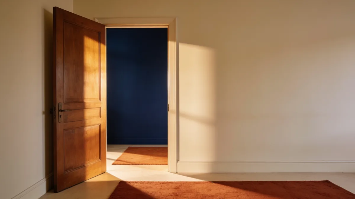 Porta de madeira entreaberta deixando entrar uma luz quente num ambiente em tons creme, representando o pedido de indicação que abre a porta para o cliente que viria por conta própria