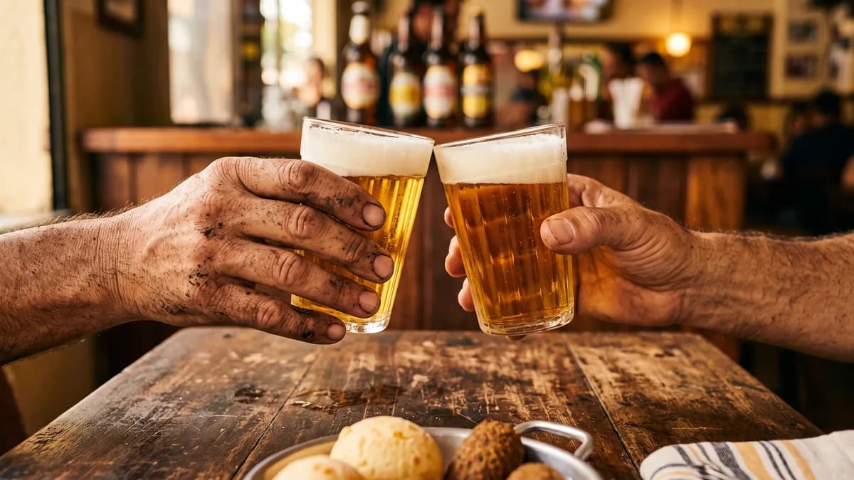 Duas mãos de trabalho, uma delas suja de terra, brindando com copos americanos de cerveja numa mesa de boteco, representando o agradecimento entre quem indica e quem é indicado