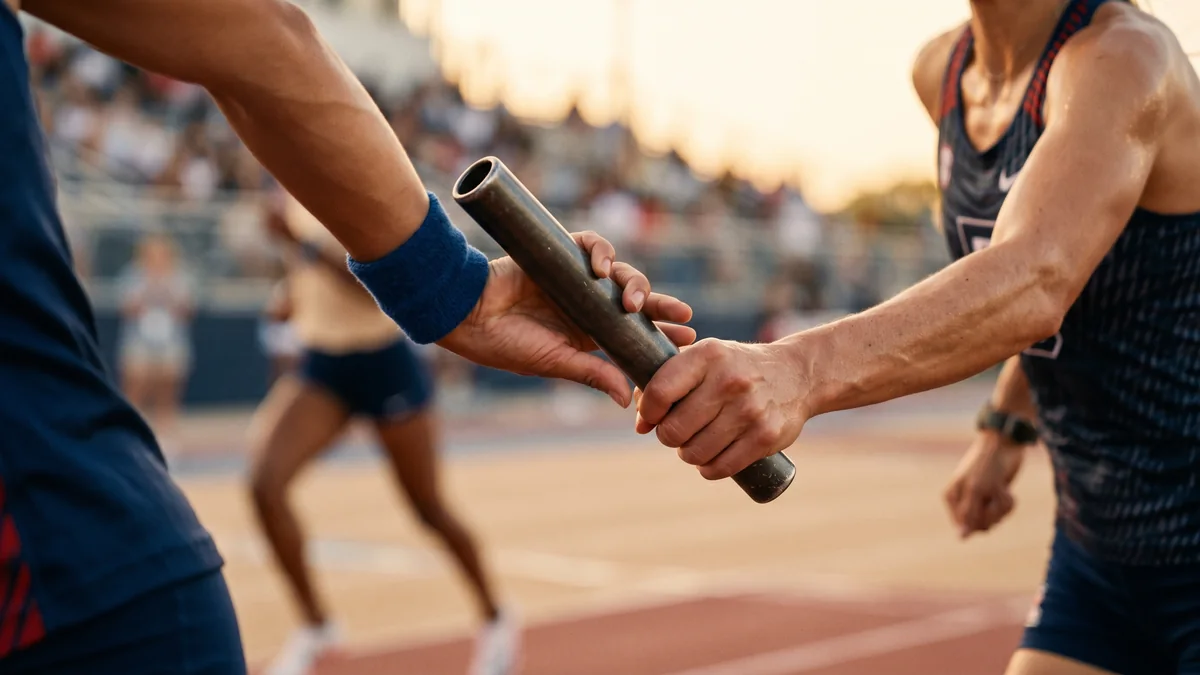 Mãos passando um bastão de revezamento de corrida, representando o cliente que entrega seu nome para o próximo cliente numa indicação
