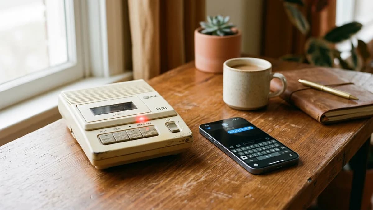 Secretária eletrônica antiga com luz vermelha piscando sobre uma mesa de madeira em tons quentes, ao lado de um celular, representando a mensagem automática que avisa mas não resolve o atendimento