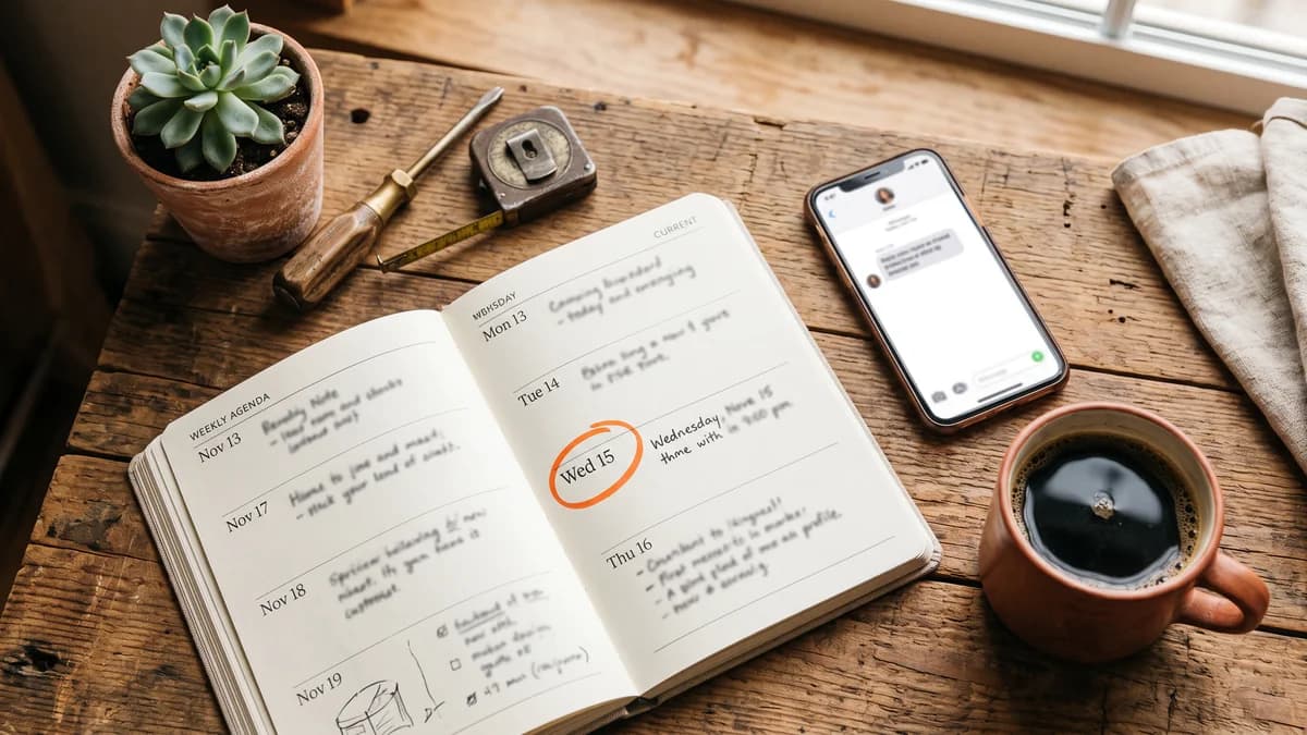 Bancada de madeira vista de cima com uma agenda com data futura circulada em laranja, um celular com mensagem de acompanhamento, uma xícara de café e ferramentas de trabalho, representando o pós-venda de uma empresa de serviço