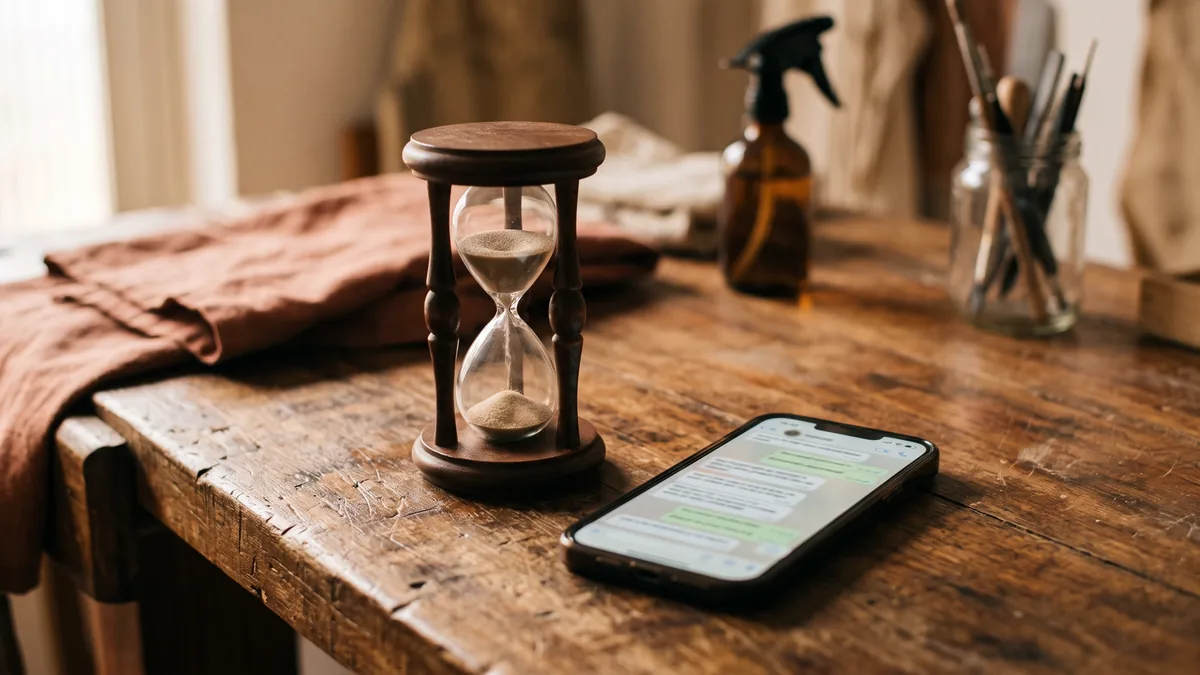 Ampulheta ao lado de um celular com mensagens acumuladas sobre uma bancada de trabalho, representando o tempo que corre enquanto o cliente espera resposta
