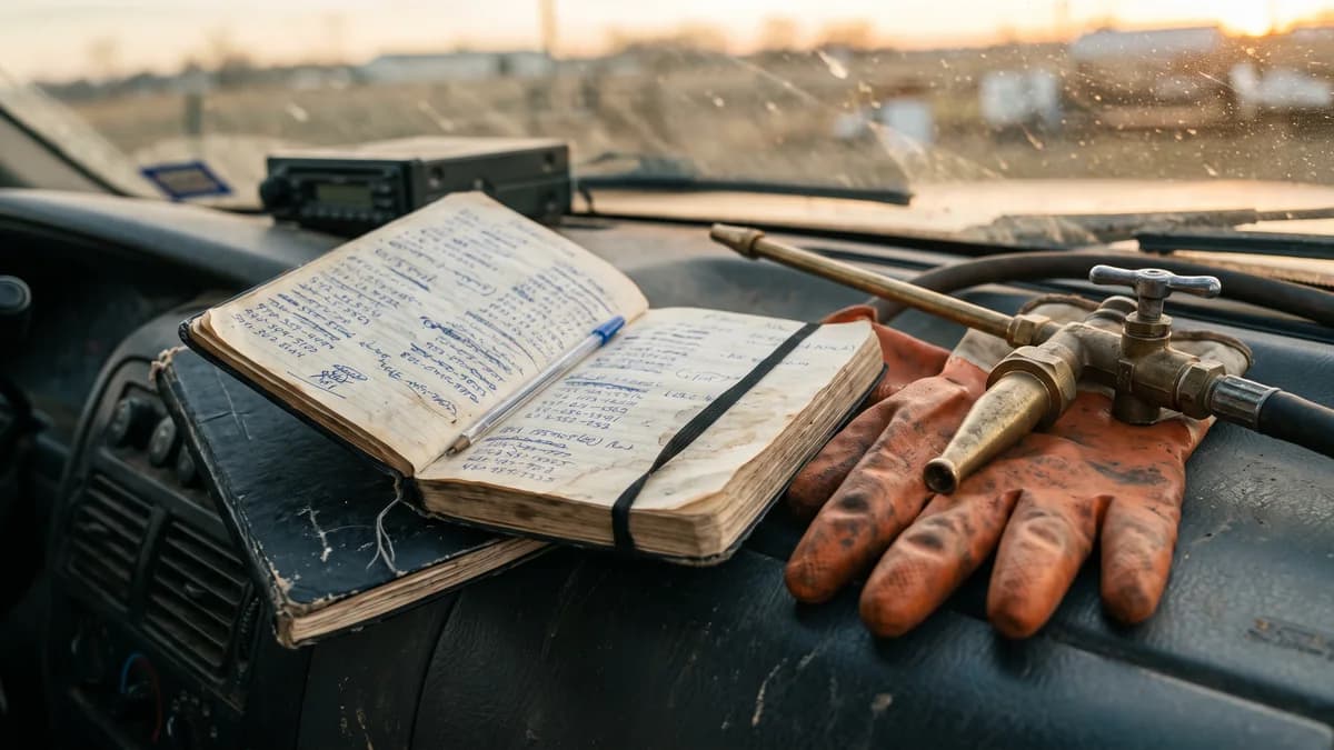Caderno de capa preta com telefones anotados a caneta, aberto no painel de uma caminhonete ao lado de luvas laranja e do bico de uma bomba de dedetização, representando a lista de clientes sem data do prestador de serviço