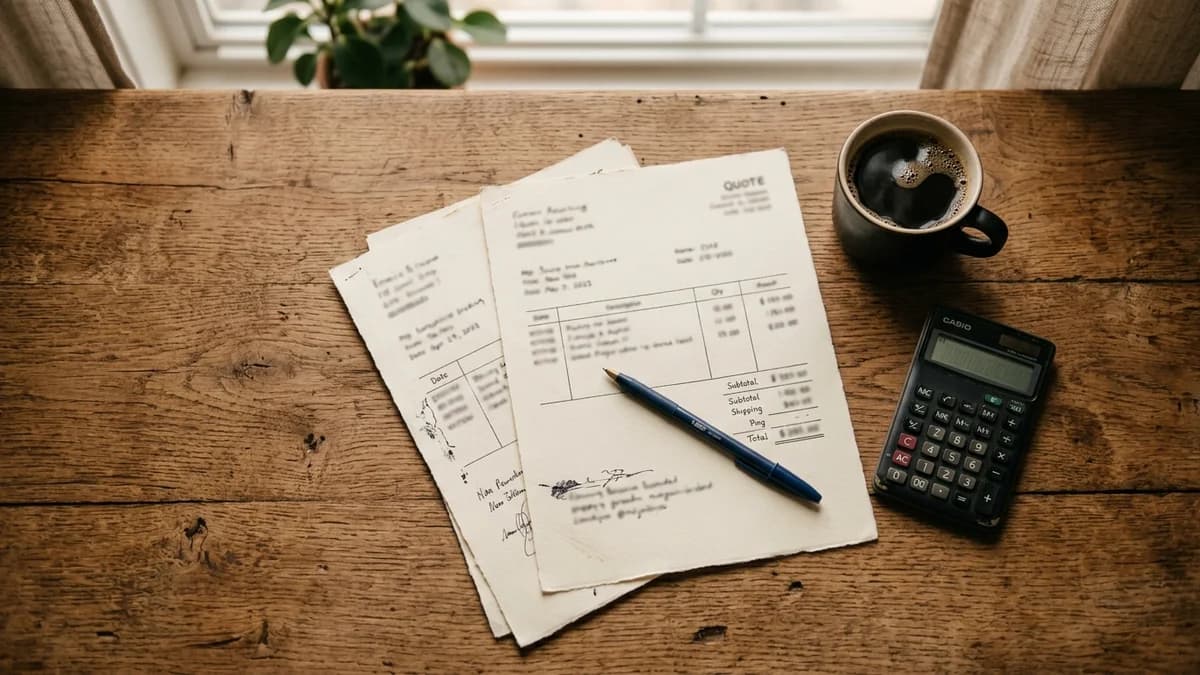 Orçamentos de papel com uma caneta sobre uma mesa de madeira, ao lado de uma calculadora e uma xícara de café, representando a decisão de quanto pagar por um site