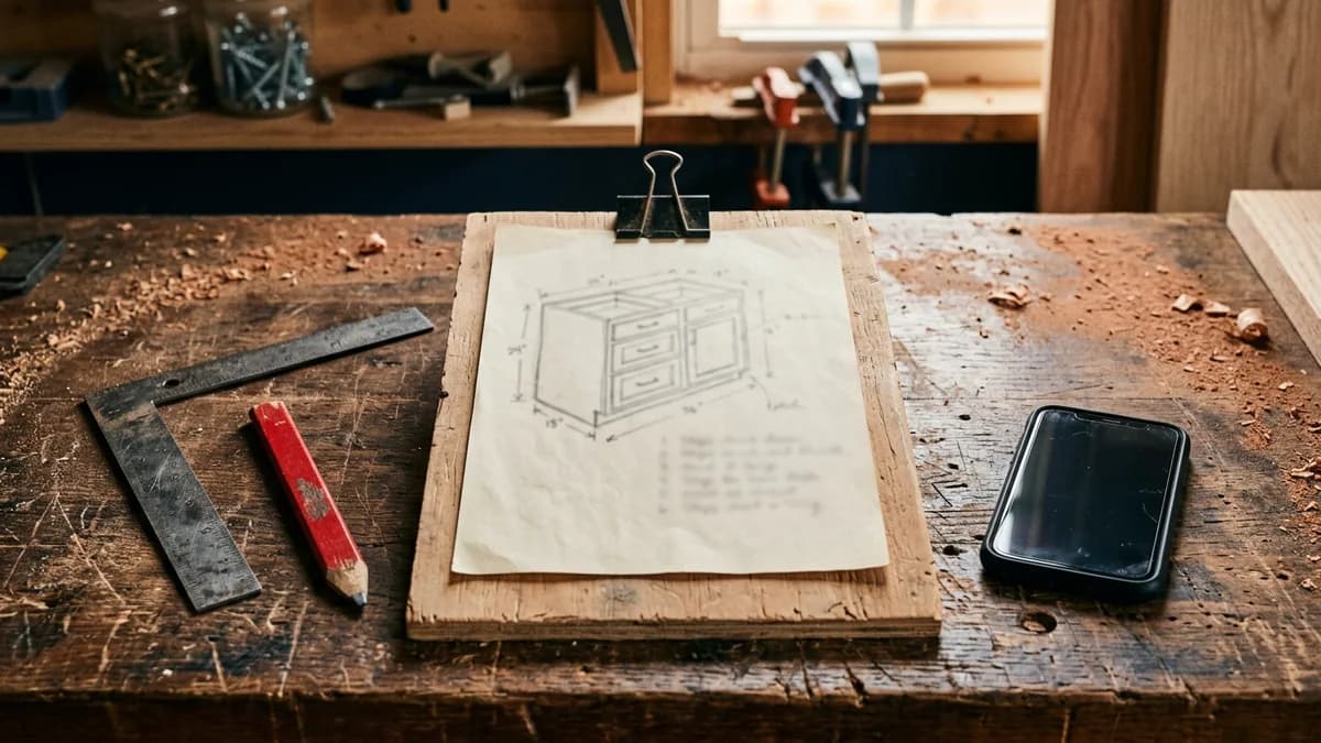 Folha com o desenho a lápis de um armário de cozinha presa numa prancheta sobre a bancada de uma marcenaria, com serragem, esquadro, lápis de carpinteiro vermelho e um celular ao lado, representando o roteiro escrito de atendimento da empresa de serviço