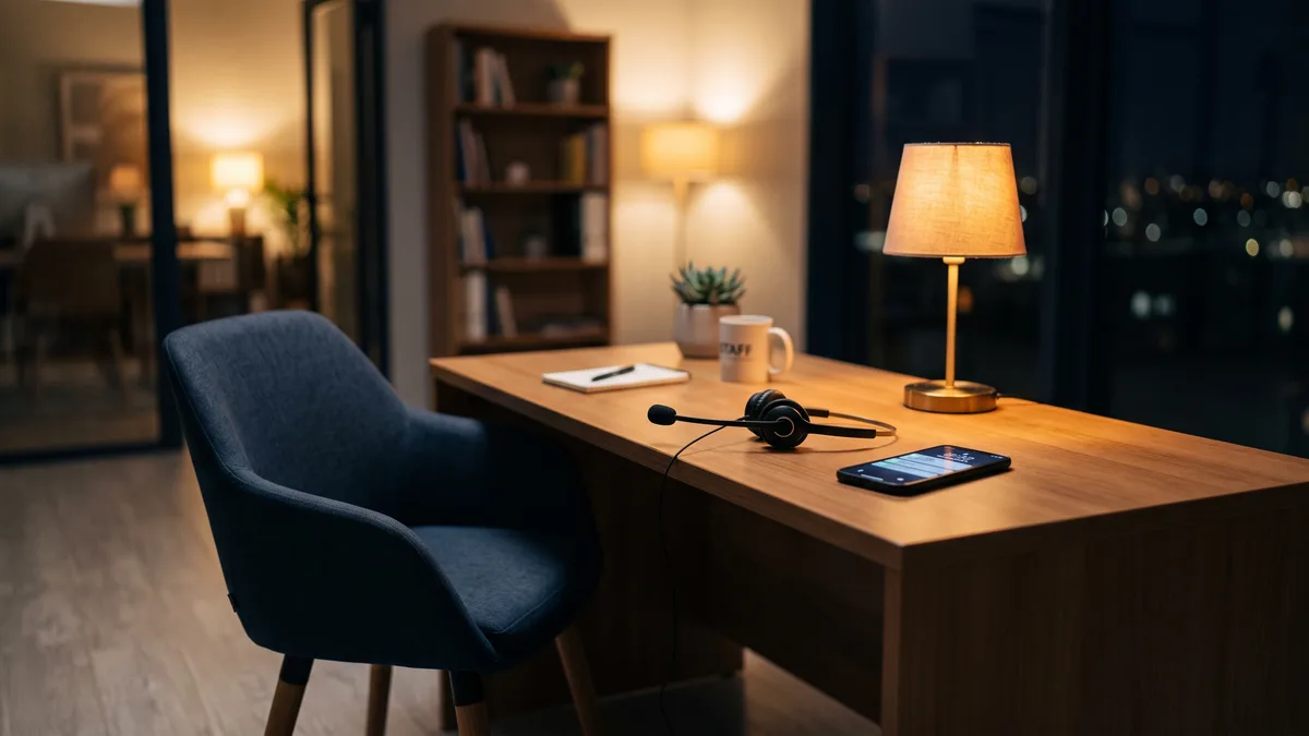 Cadeira de atendimento vazia com fone de ouvido sobre a mesa e o celular aceso à noite, representando a secretária virtual que não está quando o cliente manda mensagem