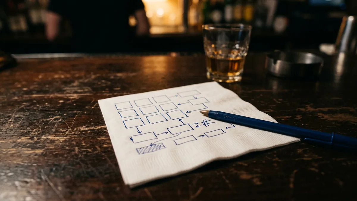 Guardanapo de papel sobre a mesa de bar com um mapa de caixas e setas rabiscado a caneta Bic azul, com a caneta em cima, representando o Mapa do Marketing do Ofício em branco