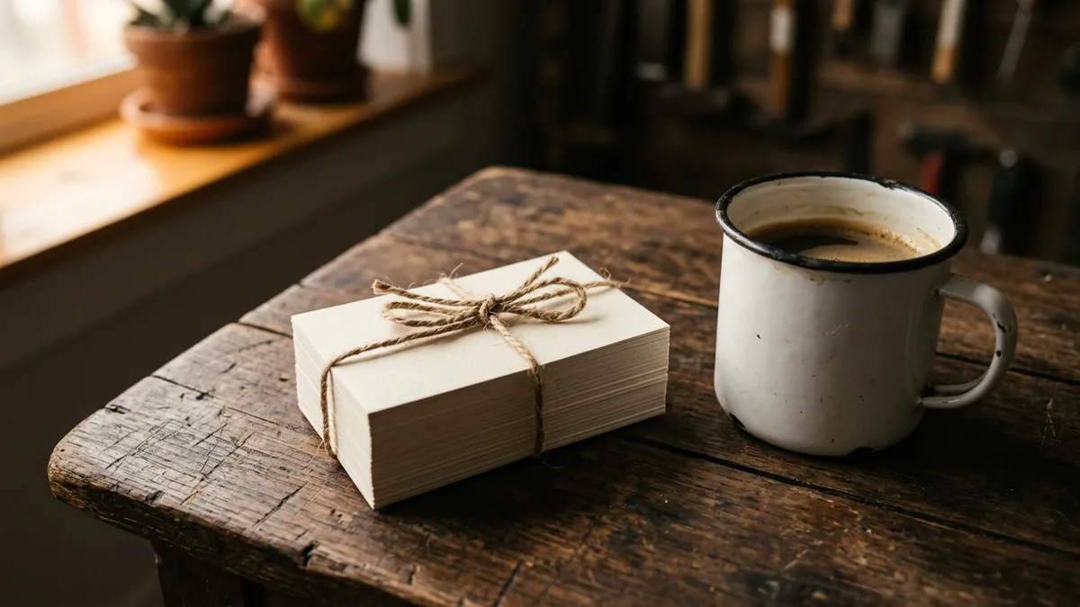 Maço de cartões de visita em branco amarrado com barbante ao lado de uma caneca esmaltada de café, sobre uma mesa de madeira, representando o pedido de indicação feito na hora certa
