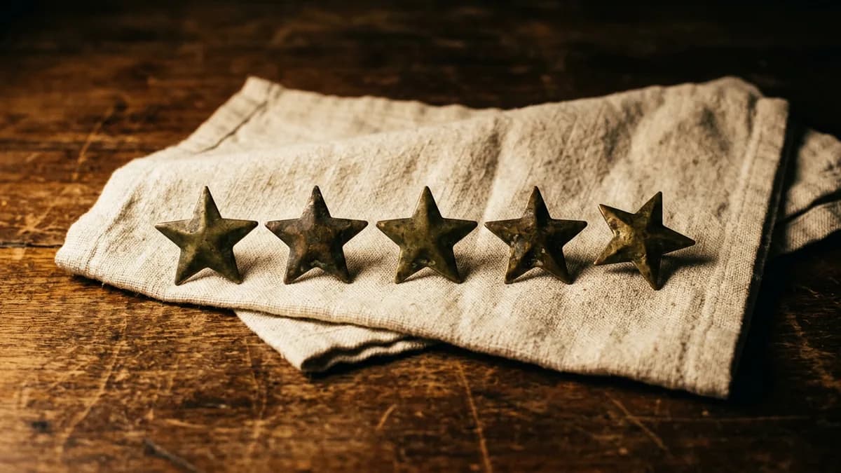 Cinco estrelas de latão enfileiradas sobre um pano de linho dobrado, a última levemente fora da linha, representando a avaliação que precisa de resposta