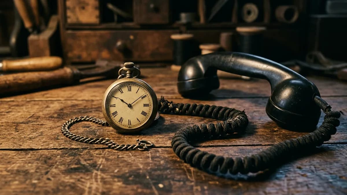 Cronômetro de bolso de latão ao lado de um fone de telefone de disco preto, com o fio enrolado sobre a bancada de madeira, representando a resposta que precisa sair antes do cliente cansar de esperar