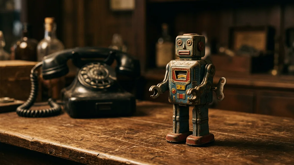 Robô de lata de corda, antigo e com a tinta gasta, em pé num balcão de madeira com um telefone preto desfocado ao fundo, representando a mensagem automática que avisa mas não atende