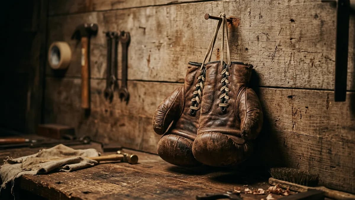 Par de luvas de boxe de couro gastas penduradas num prego na parede de uma oficina, representando o treino pra responder a objeção sem dar desconto