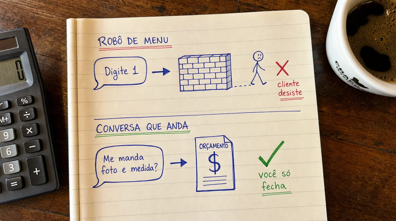 Desenho de caderno comparando dois caminhos de atendimento no WhatsApp: no de cima, o pedido de orçamento bate num menu de digite 1 e o cliente vai embora; no de baixo, a resposta pede foto e medida e o orçamento chega pronto pro dono fechar