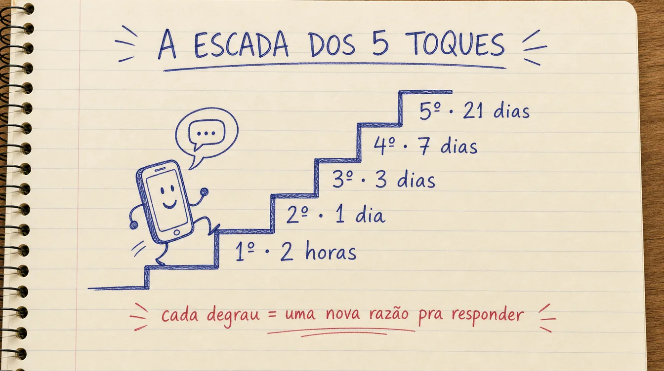 Desenho de caderno com a escada dos 5 toques: cinco degraus mostrando quando mandar cada mensagem depois do orçamento, em 2 horas, 1 dia, 3 dias, 7 dias e 21 dias, com a nota "cada degrau = uma nova razão pra responder"