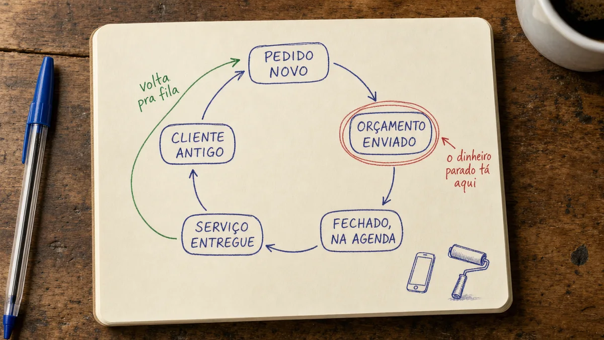 Desenho de caderno com o ciclo das cinco etiquetas de uma empresa de serviço: pedido novo, orçamento enviado, fechado na agenda, serviço entregue e cliente antigo, com uma seta voltando de cliente antigo para pedido novo