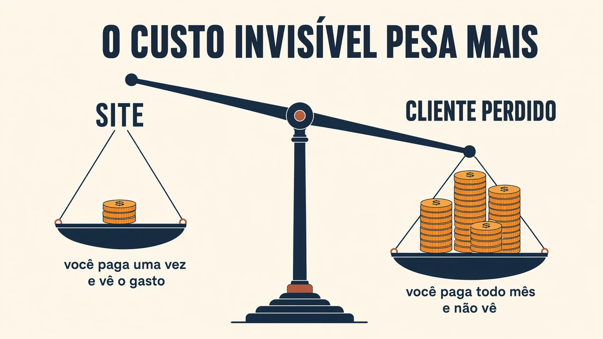 Diagrama de uma balança pendendo para um lado: no prato mais leve e alto, uma única pilha de moedas com o rótulo "Site: você paga uma vez e vê o gasto", e no prato mais pesado e baixo, várias pilhas de moedas empilhadas com o rótulo "Cliente perdido: você paga todo mês e não vê o gasto", com a frase central "o custo invisível pesa mais"