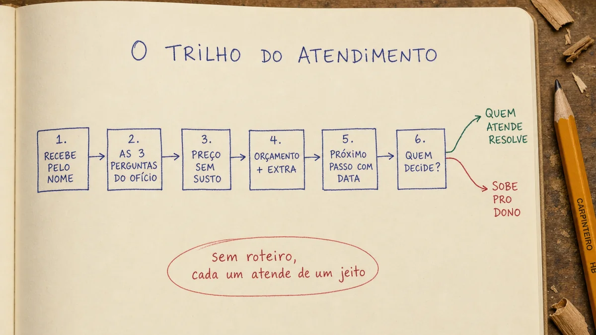 Desenho a caneta num caderno com o trilho das seis etapas do script de atendimento, de receber pelo nome até combinar o próximo passo, com a bifurcação entre o que quem atende resolve e o que sobe pro dono