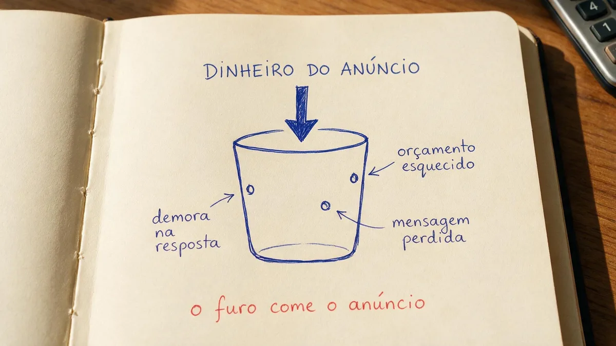 Diagrama de um balde: o dinheiro do impulsionamento entra por cima como água e escapa pelos furos do atendimento, que representam demora na resposta, orçamento esquecido e mensagem perdida